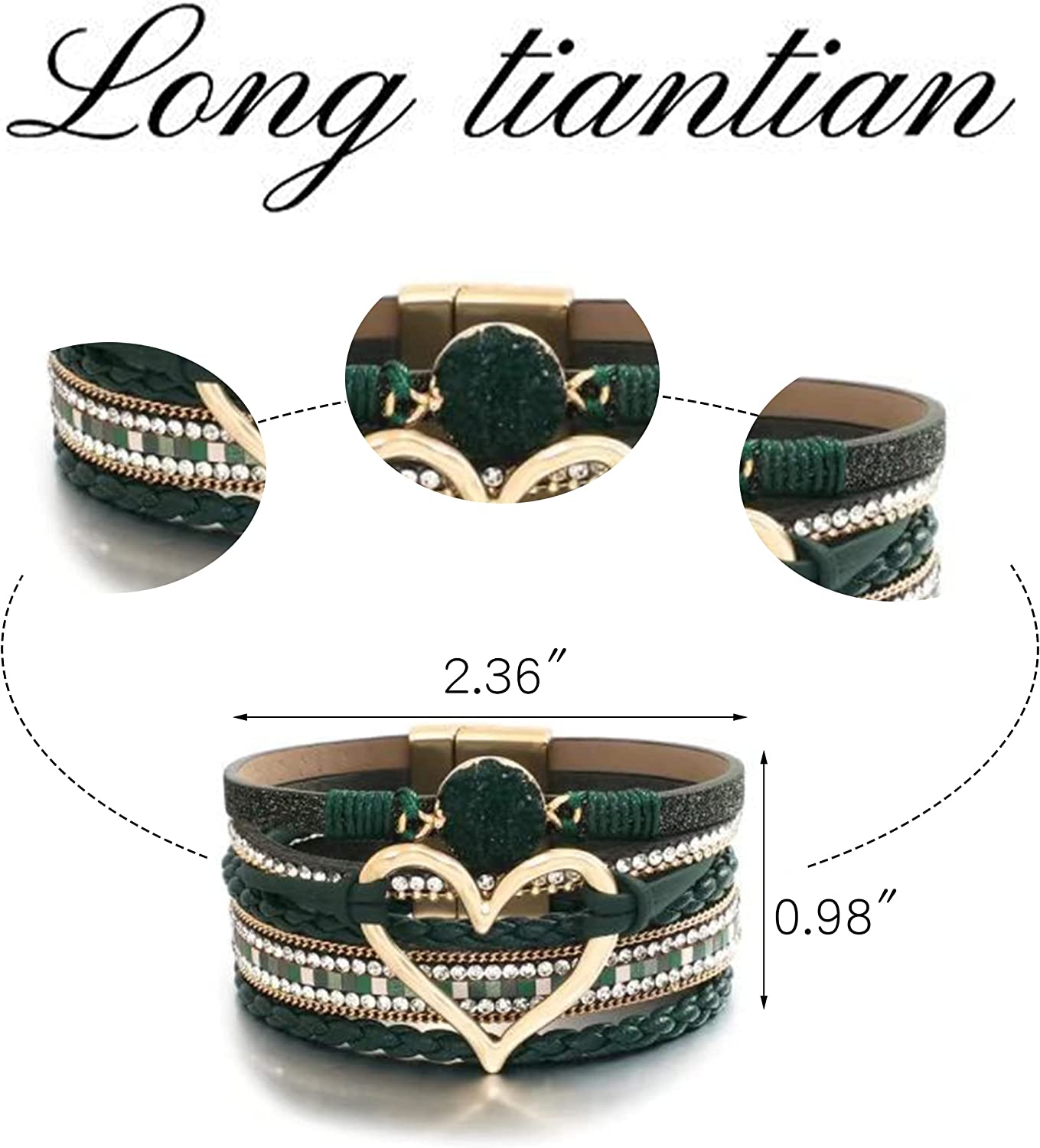 Long tiantian Multilayer Wrap Leather Bracelet Heart Modern Boho Bracelet with Magnetic Clasp Cuff Rhinestone Leather Bracelets for Women - Image 6